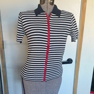 Vintage Striped Blue and White Women's Top with Red Zipper